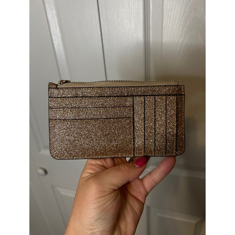 Kate Spade Rose Gold Glitter Card Holder Slim Zip Wallet Shimmy Staci Sparkle - Picture 2 of 4